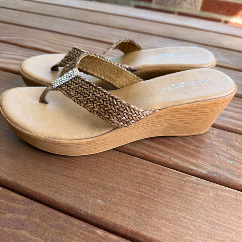 A Giannetti Tan Woven Rhinestone Wedge Sandals Made in Italy Womens Size 10 - Picture 4 of 9